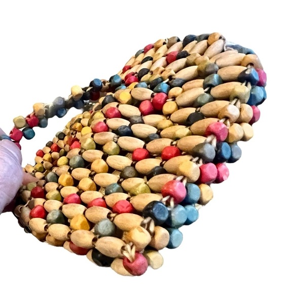 Vintage Wood Beaded Small Belt Bag 1930s 1940s Natural Boho - Picture 5 of 8